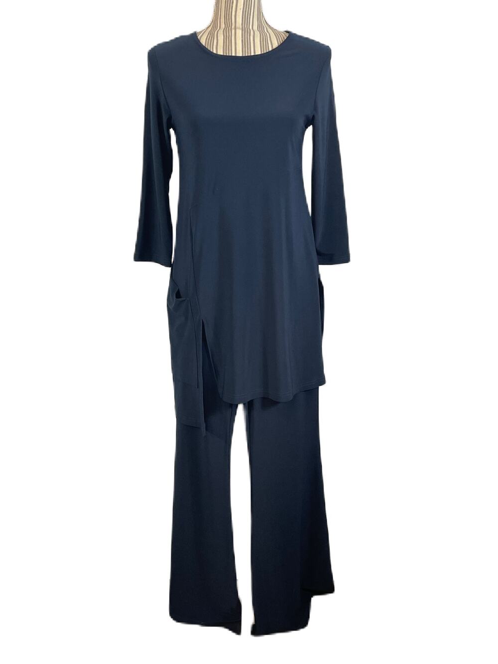 Sympli Blue 2 Pc. Asymmetric Top/ Pants Flare Hem Elastic Waist Size 6